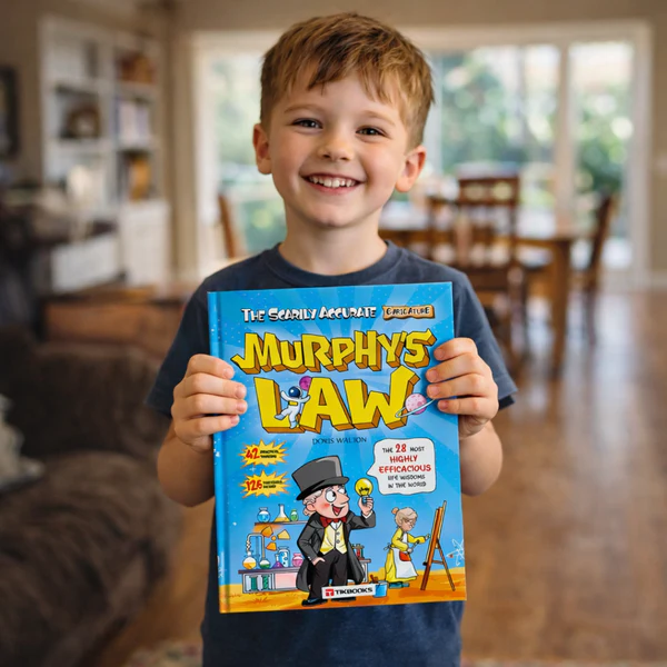 A smiling young boy holds up a copy of the book 'Murphy's Law'.