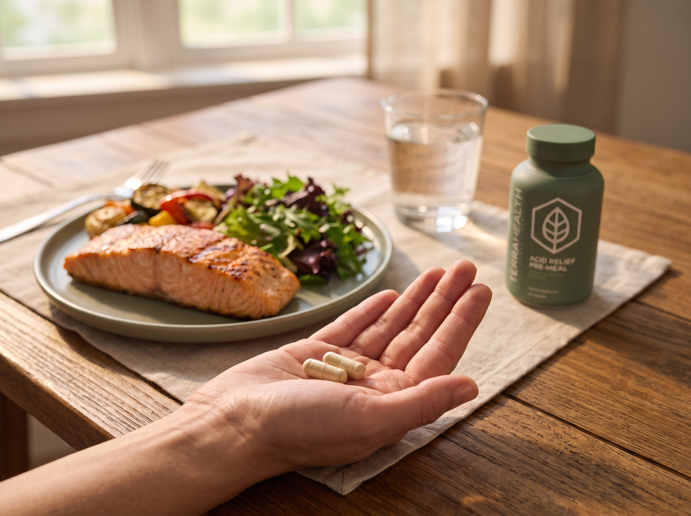 A hand holding two capsules over a table with a meal of salmon, salad, and a supplement bottle.
