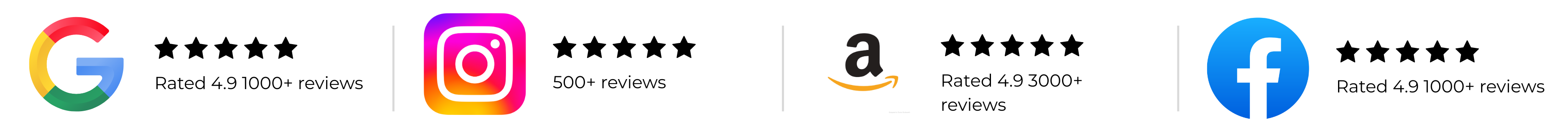 Logos of Google, Instagram, Amazon, Facebook with five-star ratings below each.