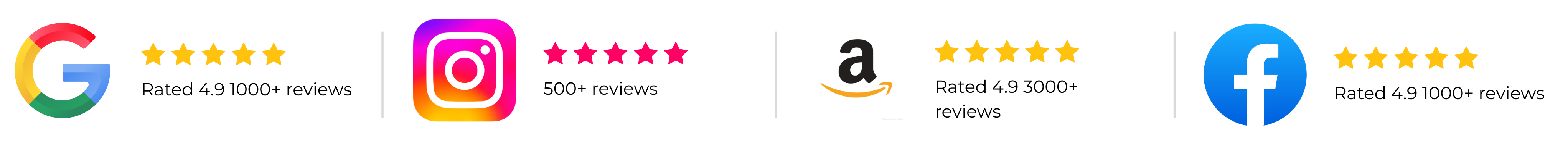 Logos of Google, Instagram, Amazon, and Facebook with five-star ratings.