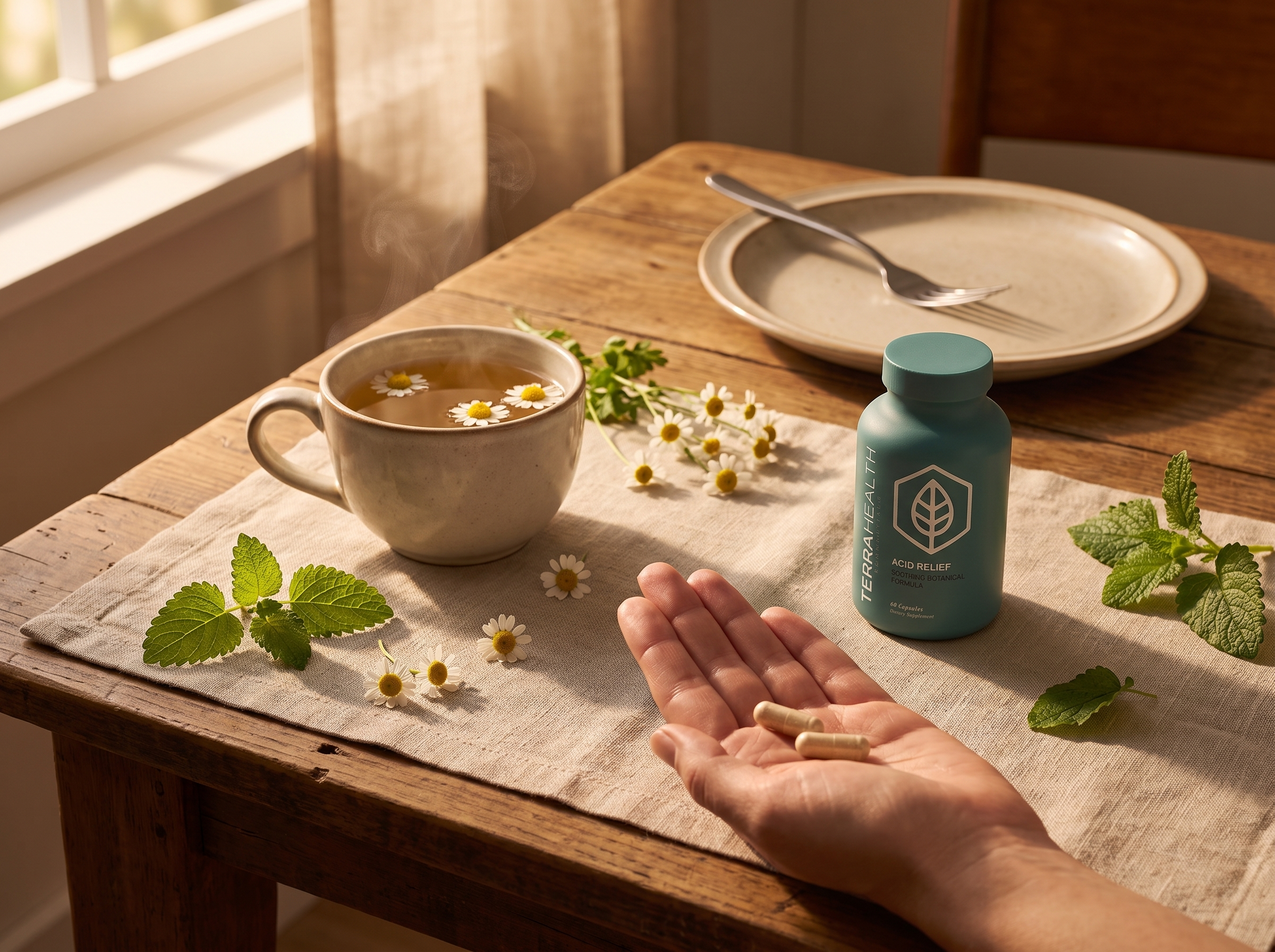 A hand holding two capsules by a bottle of supplements and a cup of chamomile tea.
