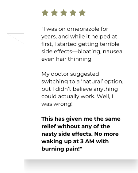 Testimonial with five stars and text about switching from omeprazole to a natural option.