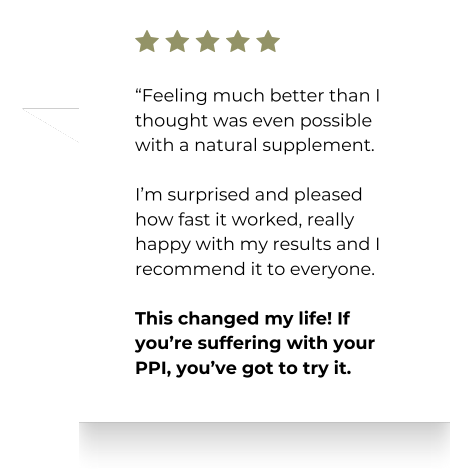 Testimonial with five stars and positive feedback about a natural supplement.