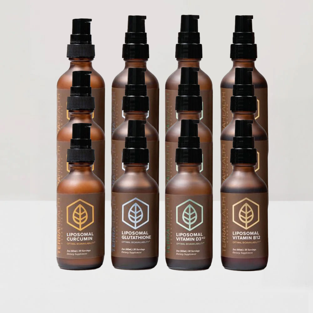 Eleven liposomal supplement bottles with brown labels and black pump tops.