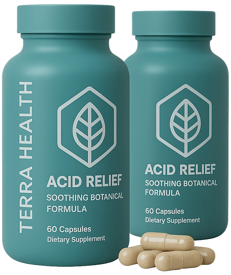 Two teal bottles labeled 'Acid Relief' with capsules in front.