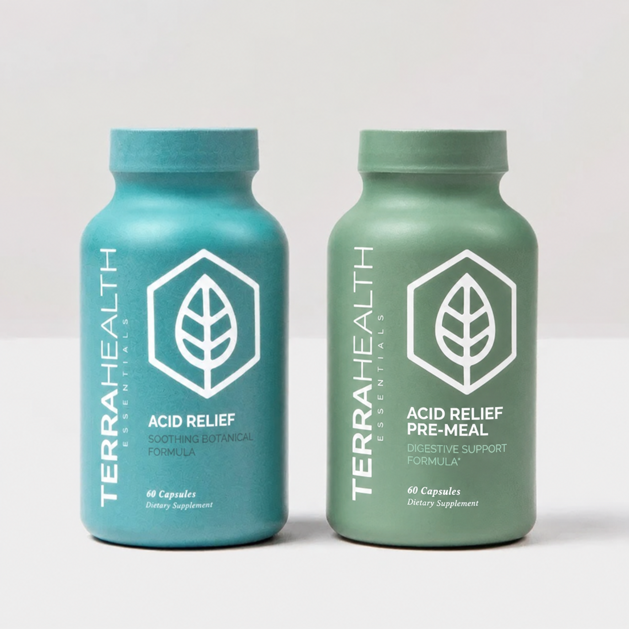 Two bottles of Terrahealth Acid Relief dietary supplements, one teal and one green, against a plain background.