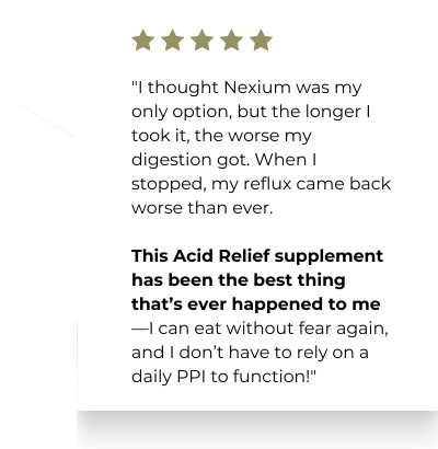 Five-star review with a testimonial about an acid relief supplement.