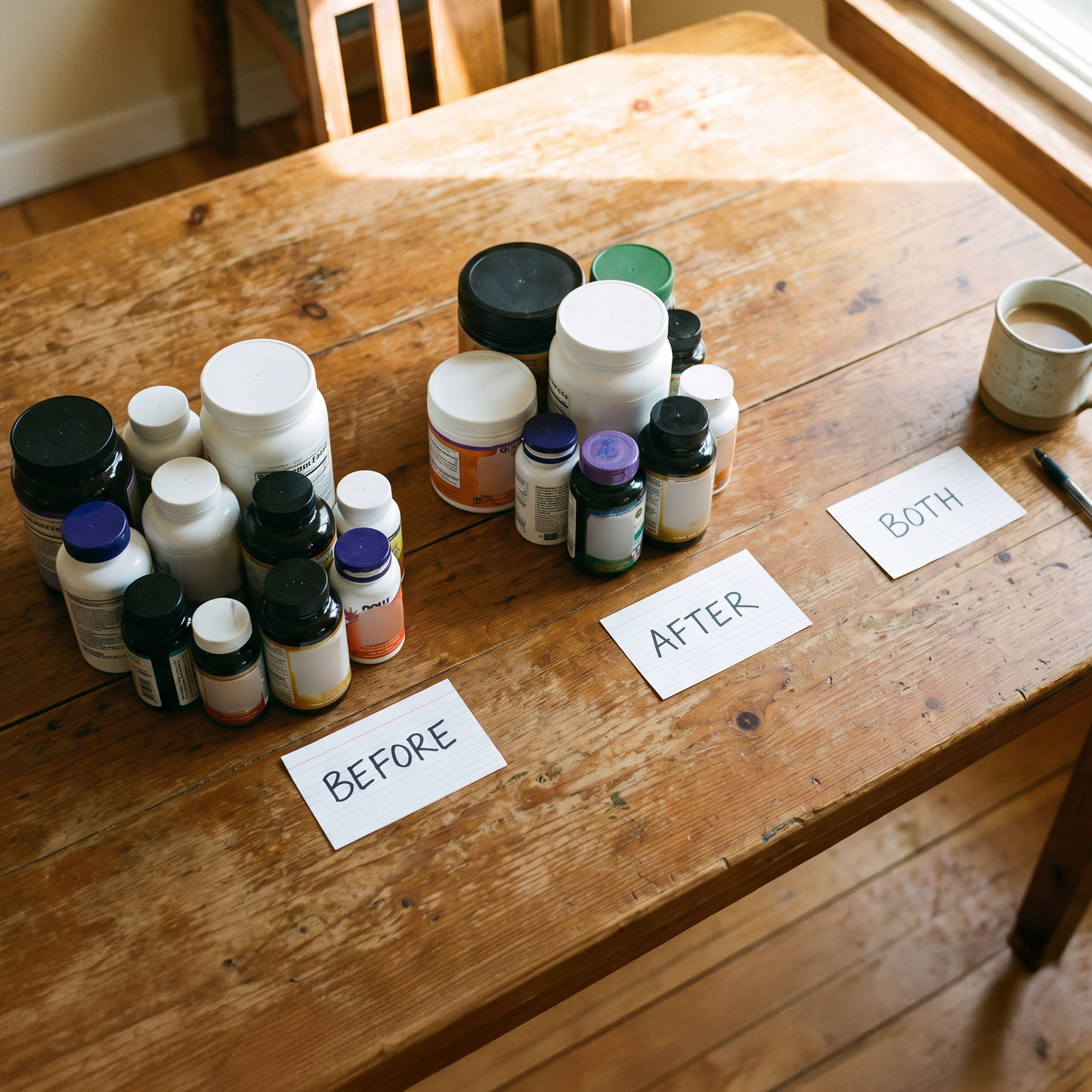 Many supplement bottles on a table with cards labeling them 'BEFORE', 'AFTER', and 'BOTH'.