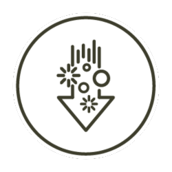 Icon of a downward arrow with stars and circles inside a circle.