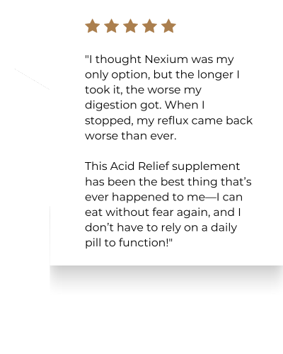 Five-star review with a testimonial about switching from omeprazole to a natural option.
