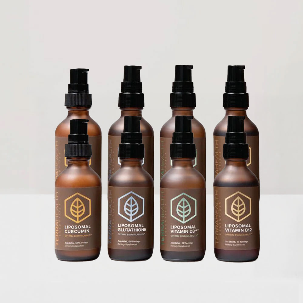 Brown bottles of liposomal supplements with black pumps on a white background.