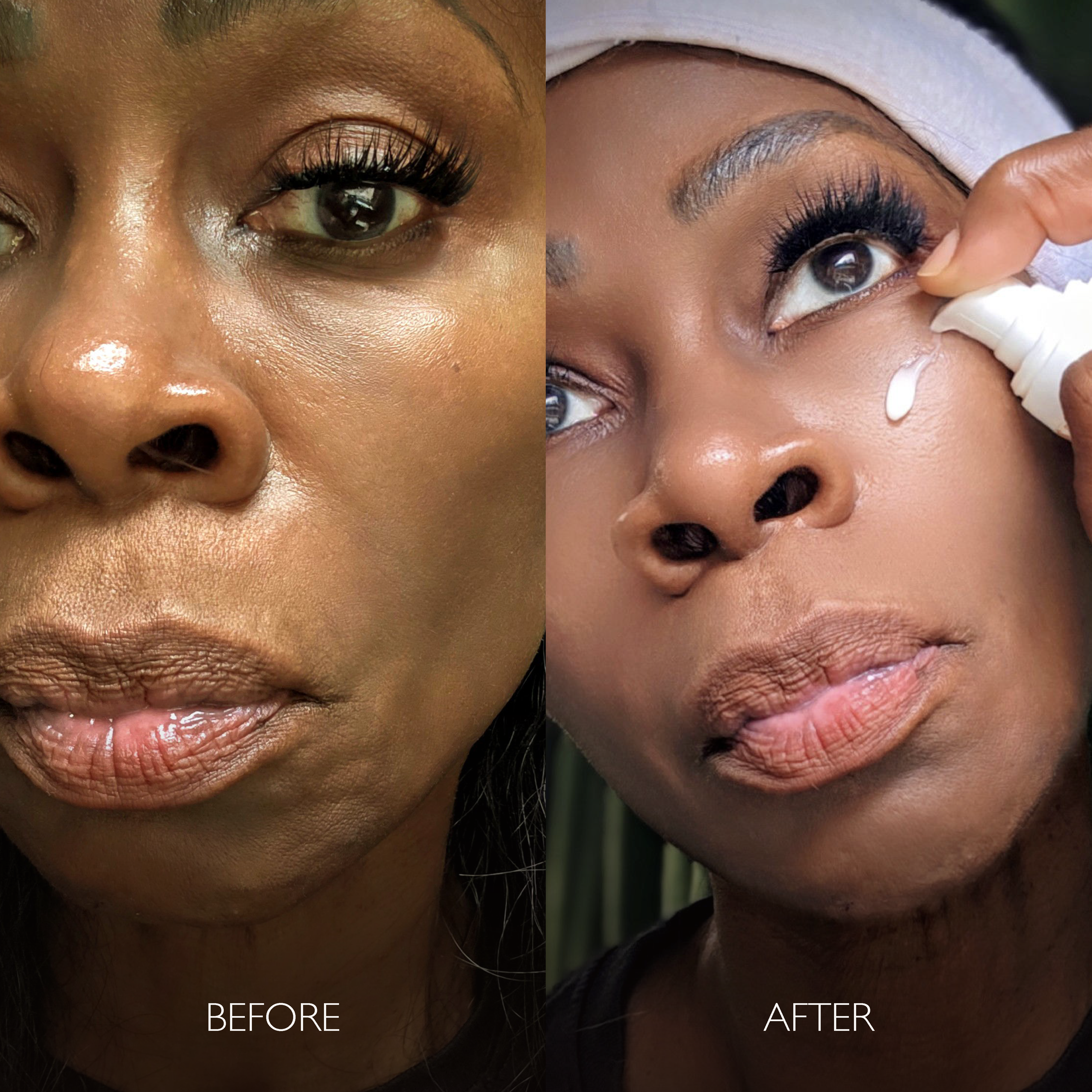 Close-up of a woman's face, applying cream under eye; labeled 'Before' and 'After'.