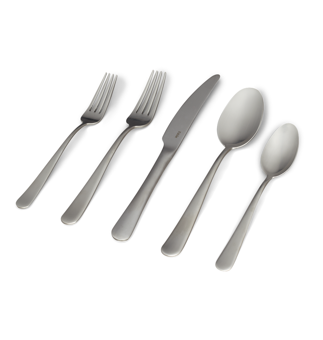 A set of silverware including two forks, a knife, and two spoons on a transparent background.