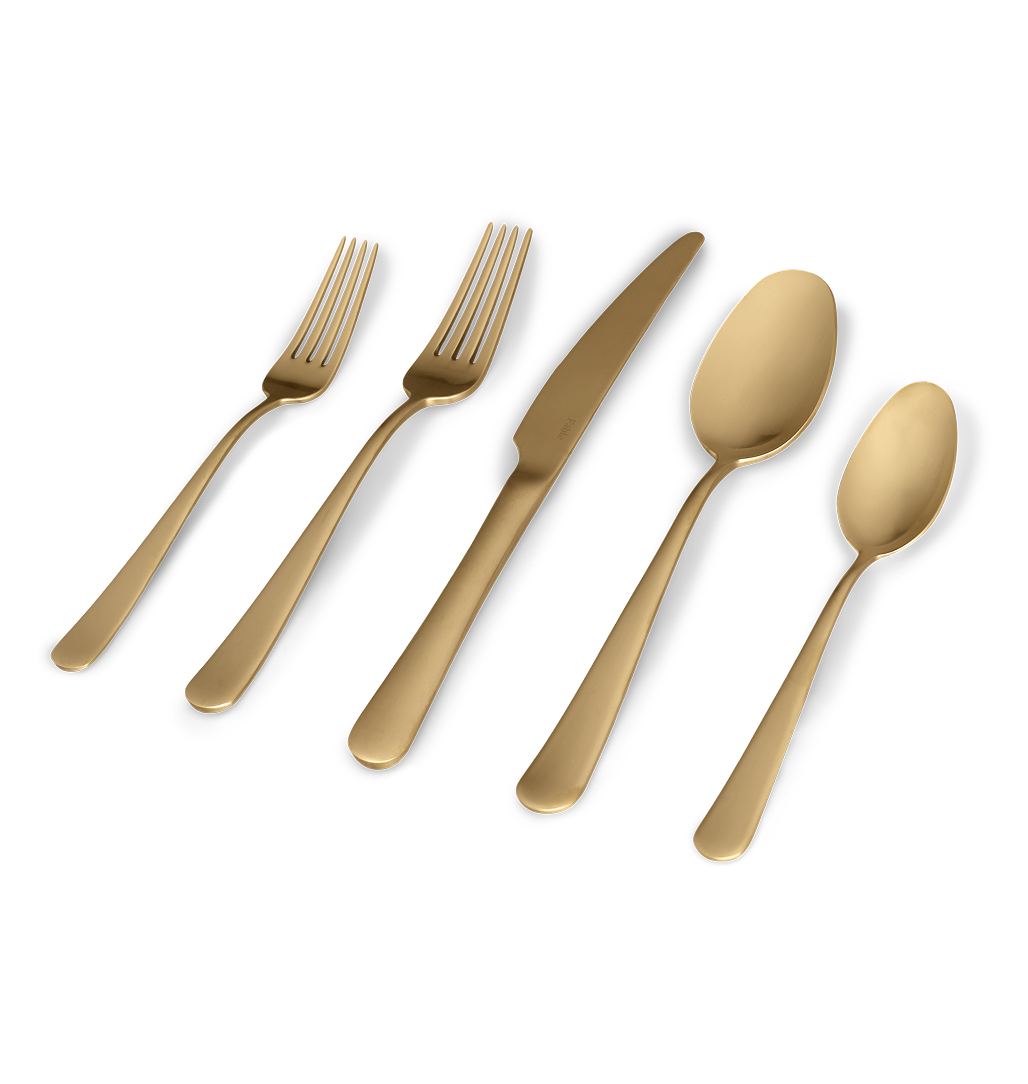 Gold flatware set including forks, knife, and spoons on a transparent background.