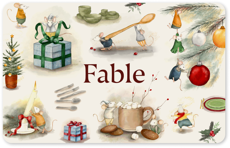 Illustrated mice with Christmas decorations, gifts, and kitchen items around the word 'Fable'.