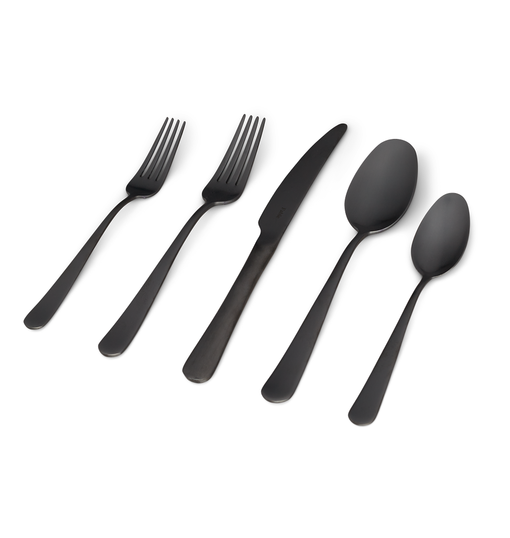 Black cutlery set: two forks, knife, spoon, and teaspoon on a transparent background.