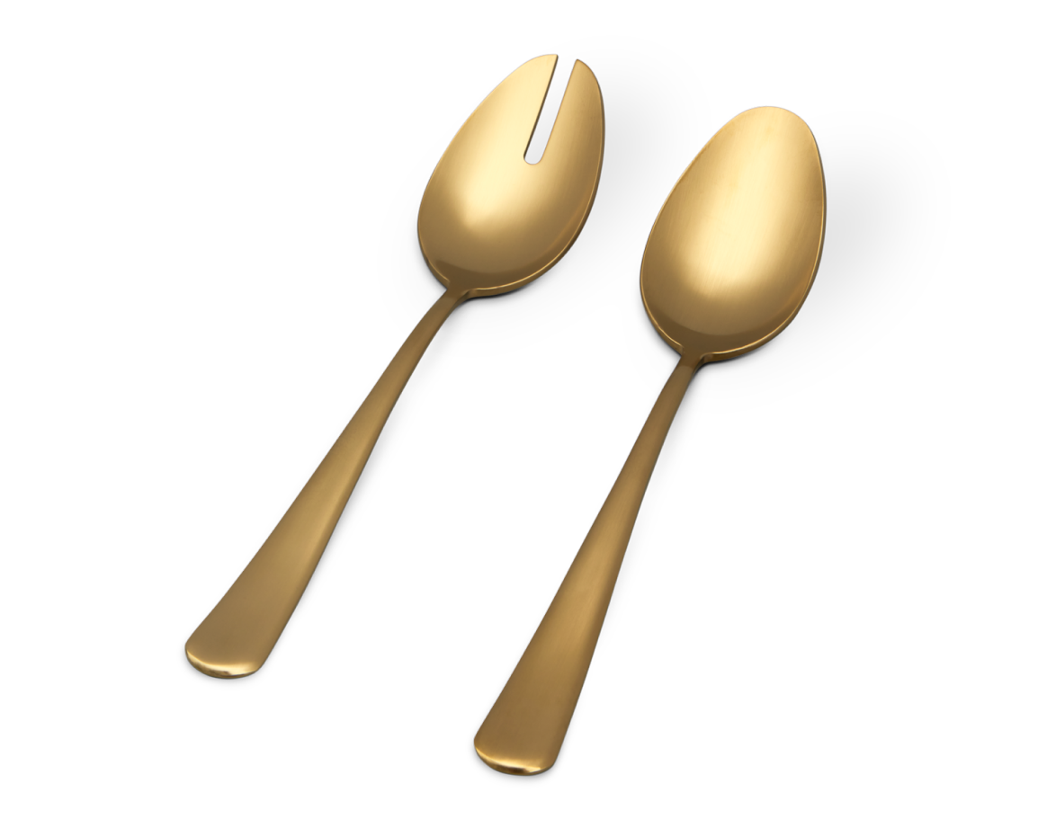 Two gold-colored serving spoons, one slotted and one solid.