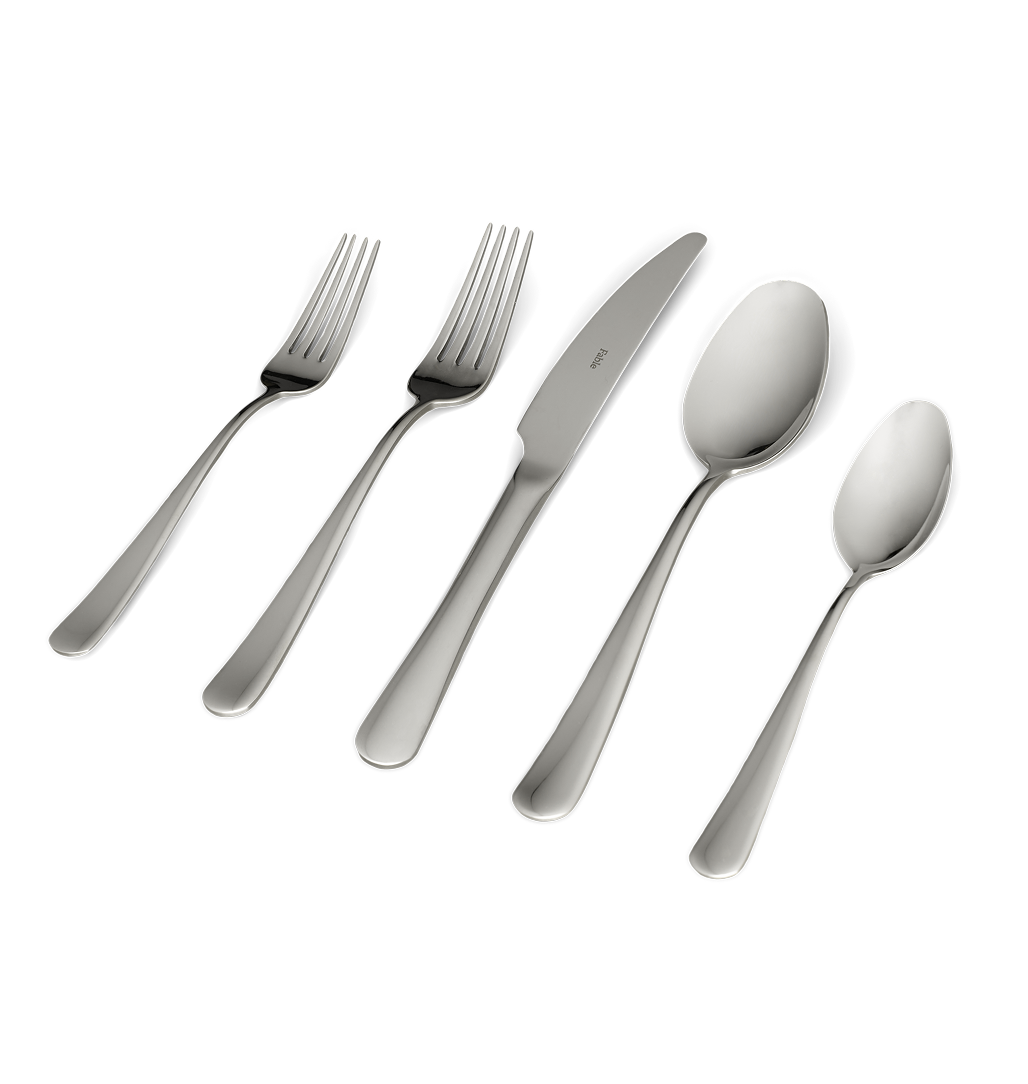 Set of silver cutlery including forks, knife, and spoons on a transparent background.