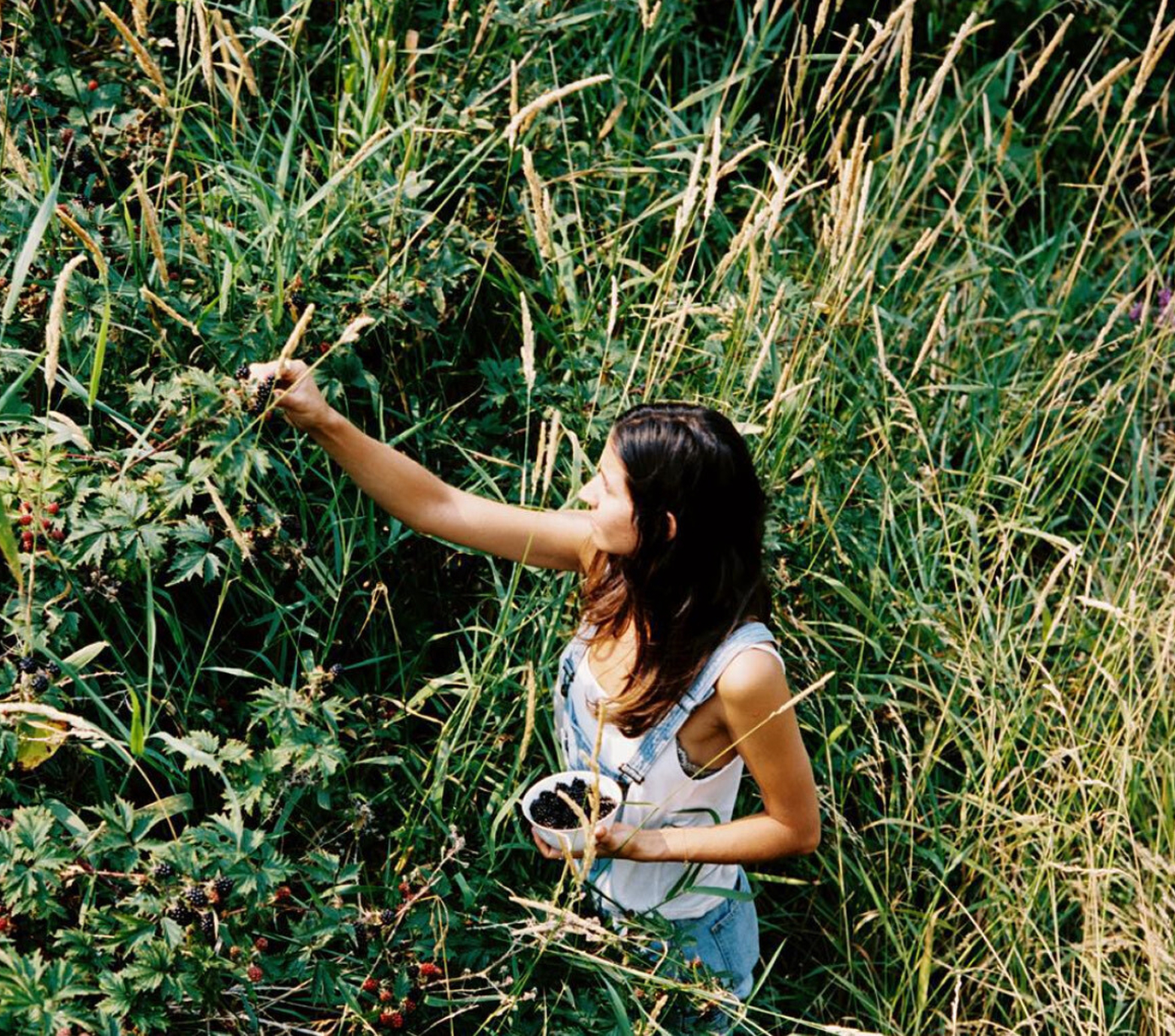A woman picking berries in the grass