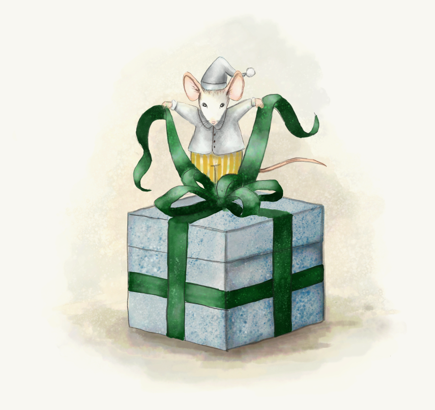 A mouse popping out of a gift box with a green ribbon.