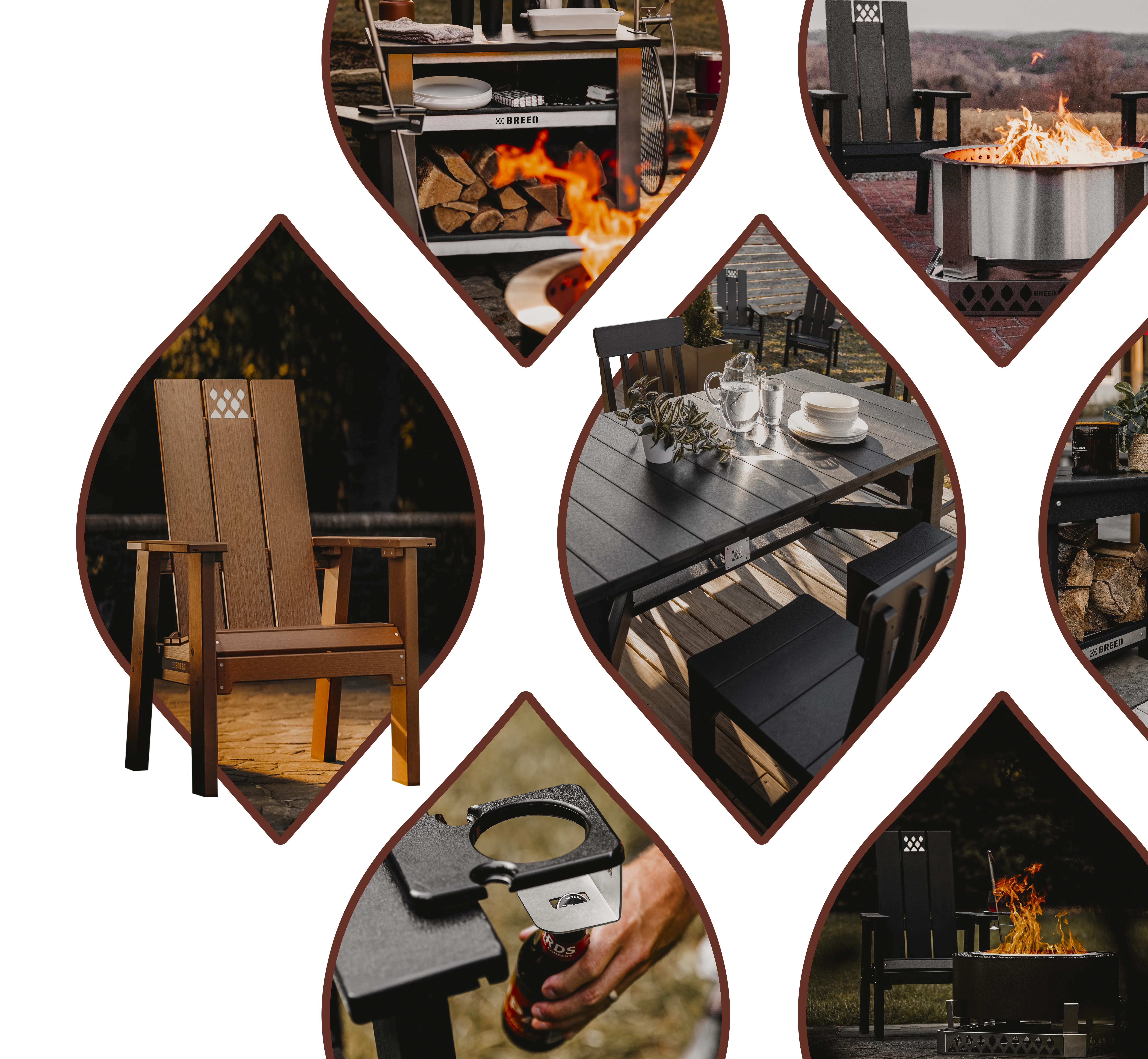 Collage of outdoor furniture, fire pit, and bottle opener.