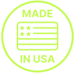 Green circular badge with 'Made in USA' and a stylized flag.