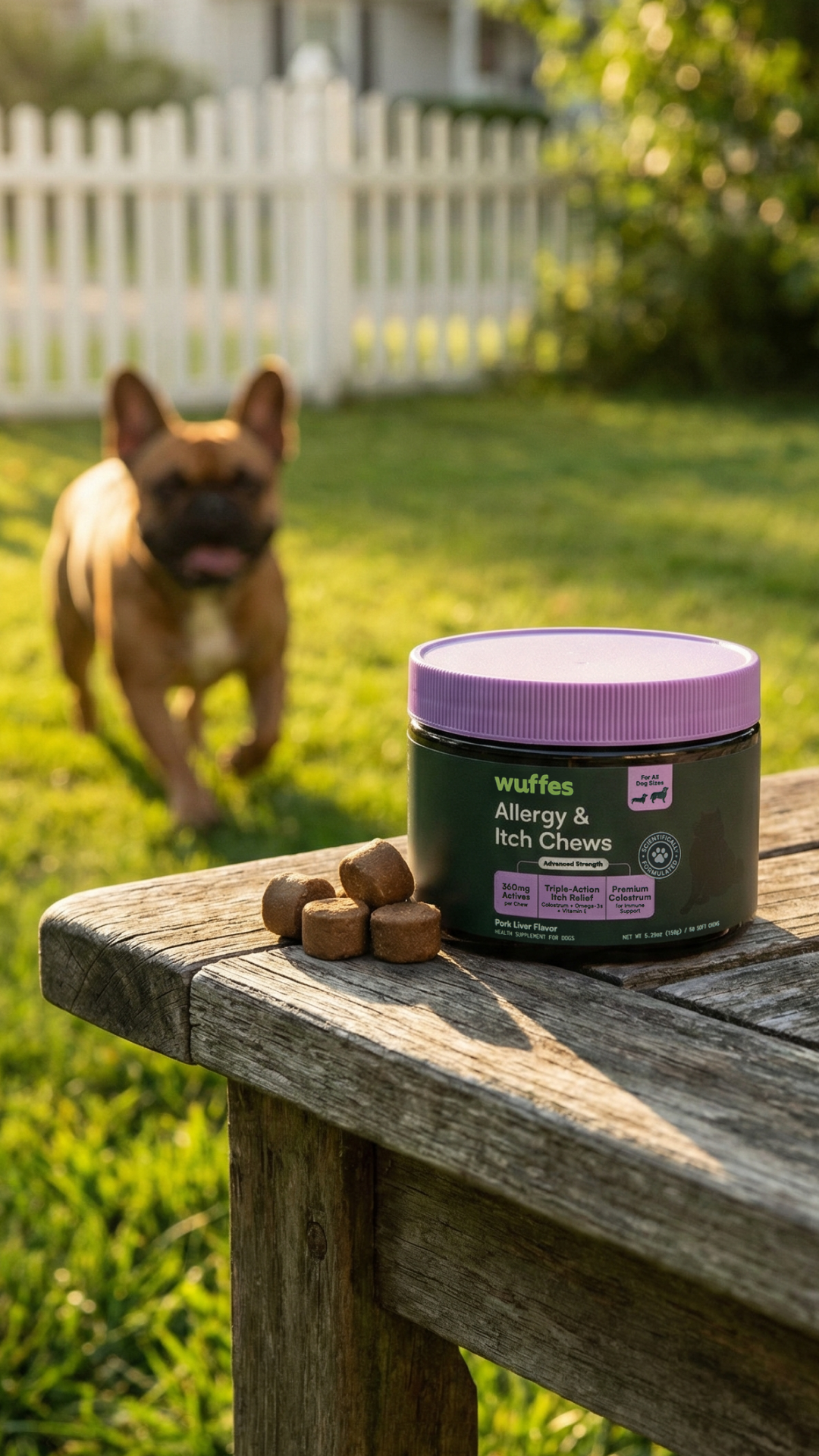 A jar of Wuffes Allergy & Itch Chews on a wooden table with a dog in the background.