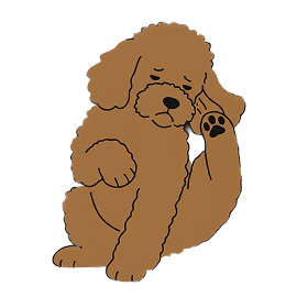 A cartoon illustration of a brown poodle scratching its ear with its hind leg.