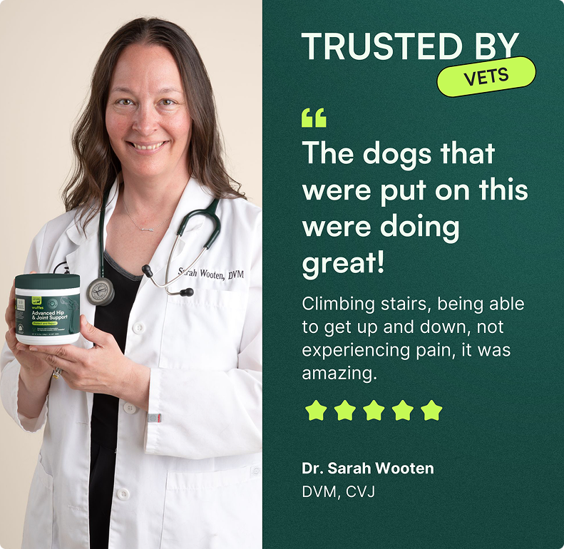 A veterinarian holding a container of pet joint support supplement with a testimonial beside her.