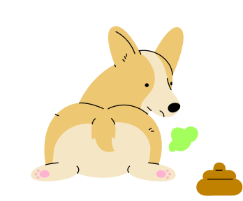 A cartoon corgi seen from behind next to a pile of poop with a green fart cloud.