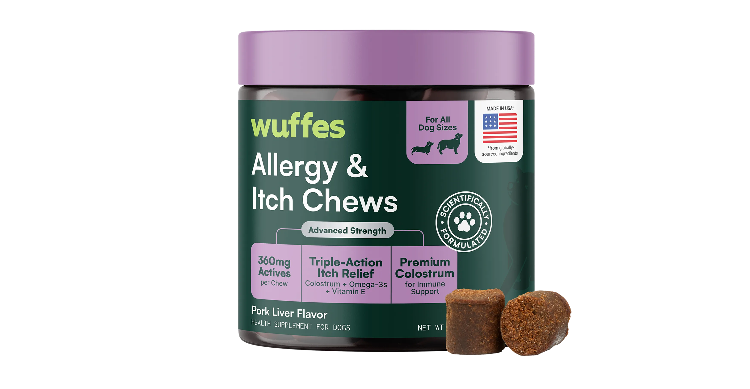 A jar of Wuffes Allergy & Itch Chews for dogs with two of the chews next to it.