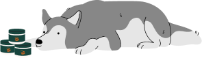 A cartoon husky lying down beside several jars.