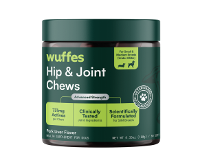 A dark green jar of Wuffes Hip & Joint Chews for dogs against a black background.