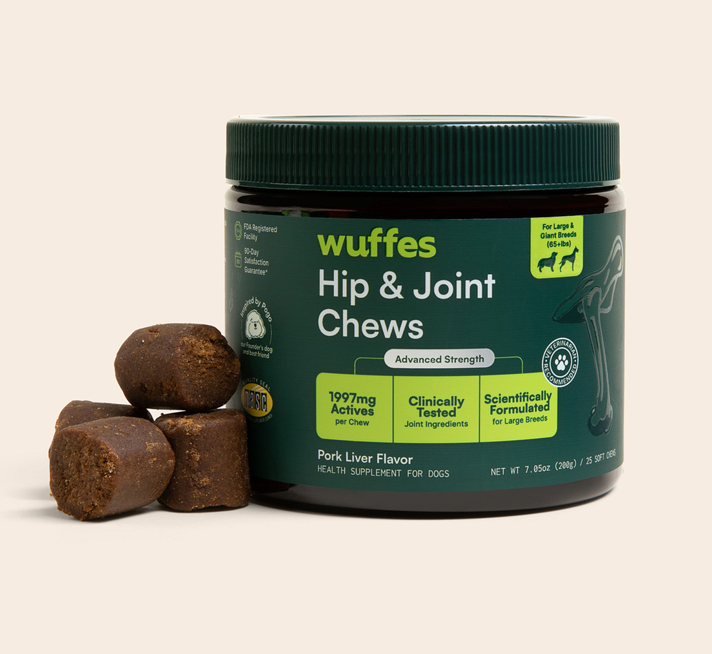 A jar of Wuffes Hip & Joint Chews for dogs, with four soft chews next to it.