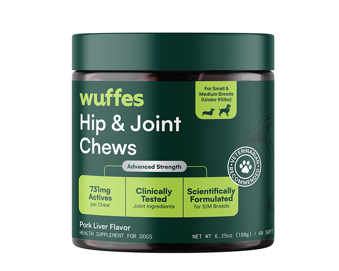 A dark green jar of Wuffes Hip & Joint Chews, a pork liver flavored health supplement for dogs.