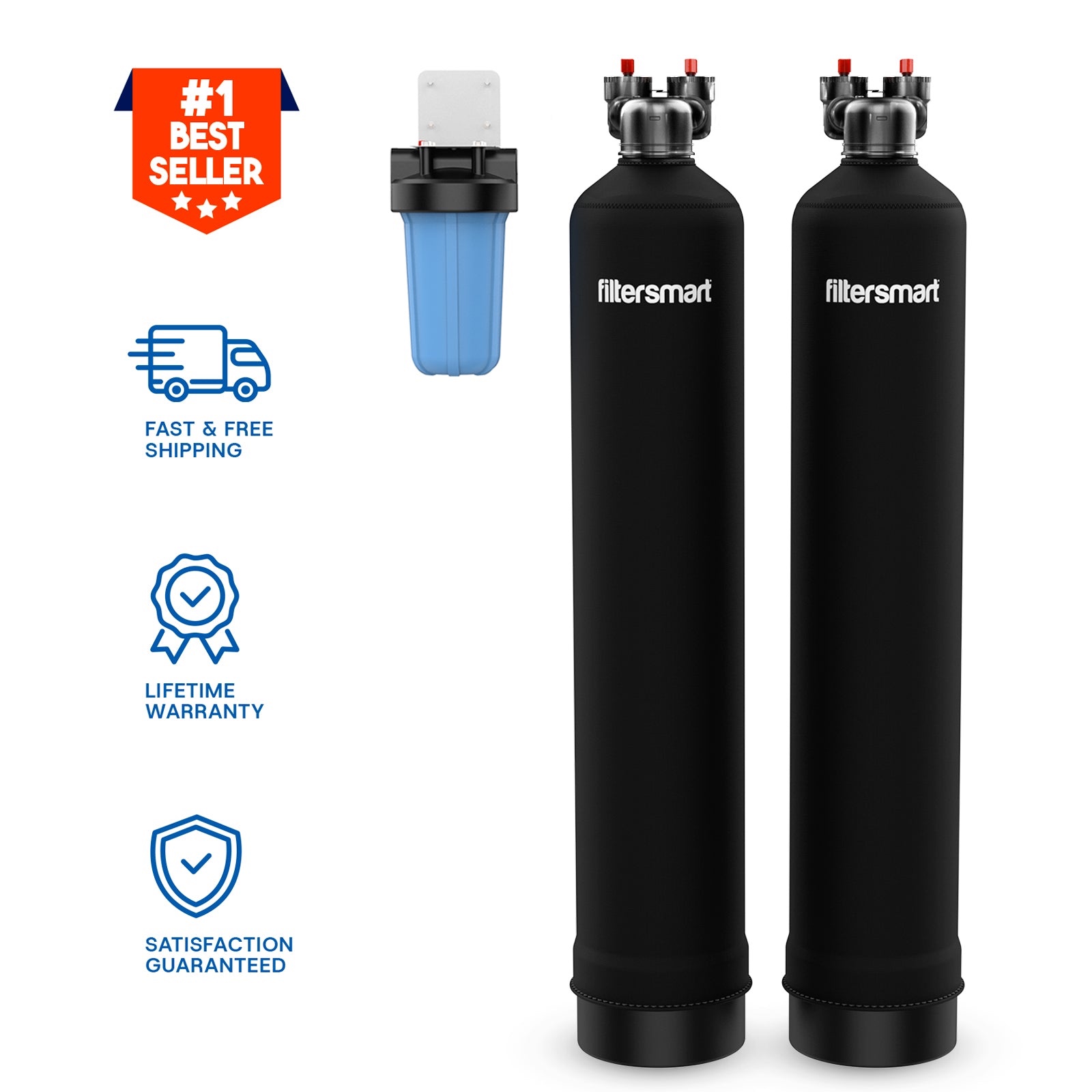 Two black water filter tanks with a blue filter and shipping icons.