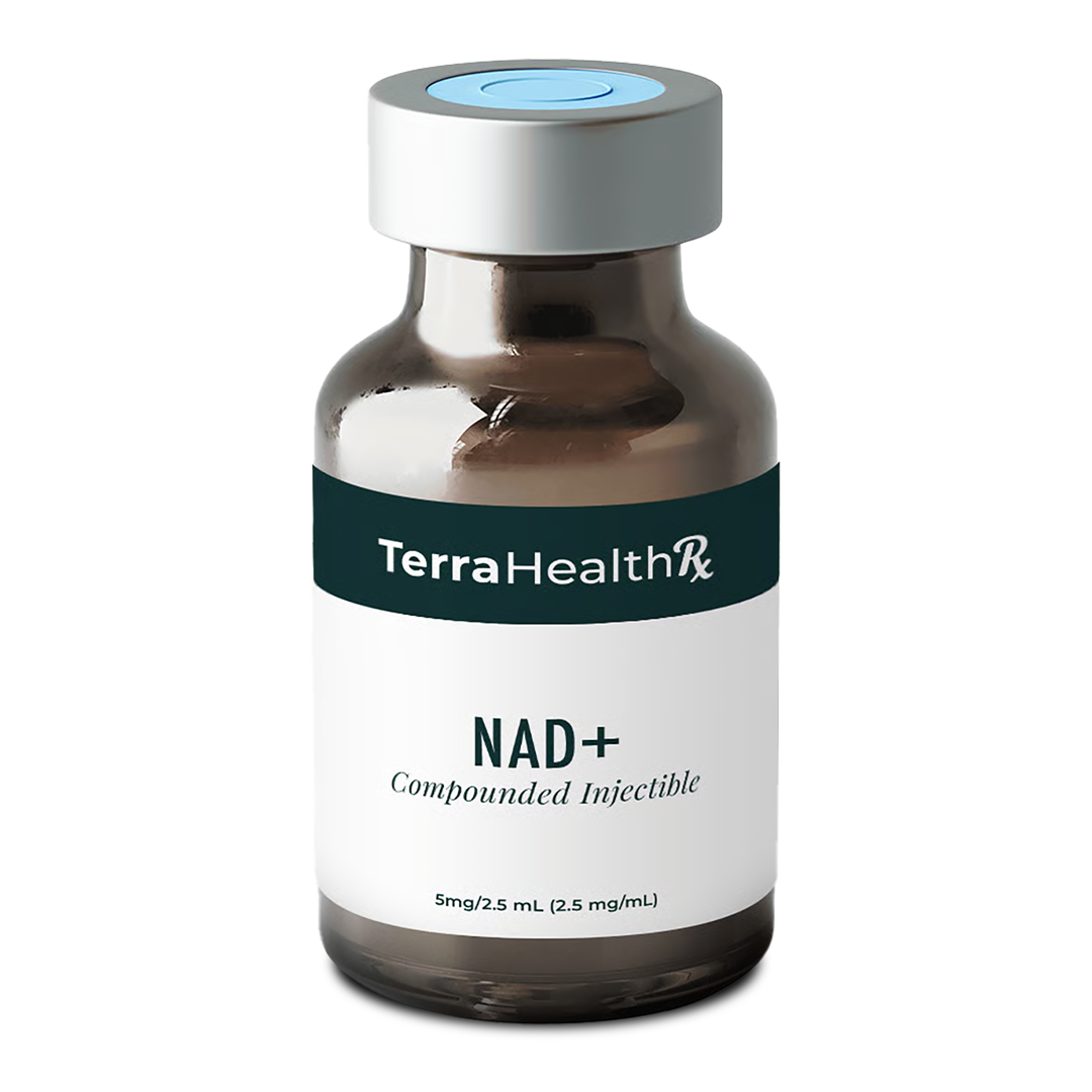 A clear vial labeled 'TerraHealth Rx Semaglutide Compounded Injectable.'