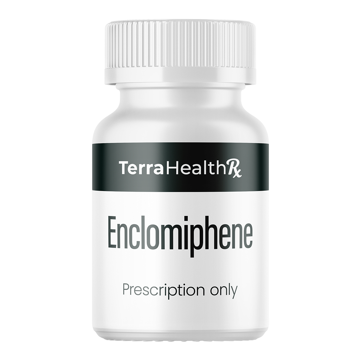 White bottle labeled 'Enclomiphene' with 'Prescription only' text.