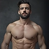 Shirtless man with a muscular build against a dark background.