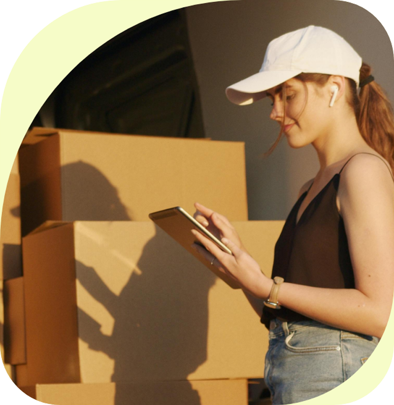 Person with a tablet standing near stacked cardboard boxes.