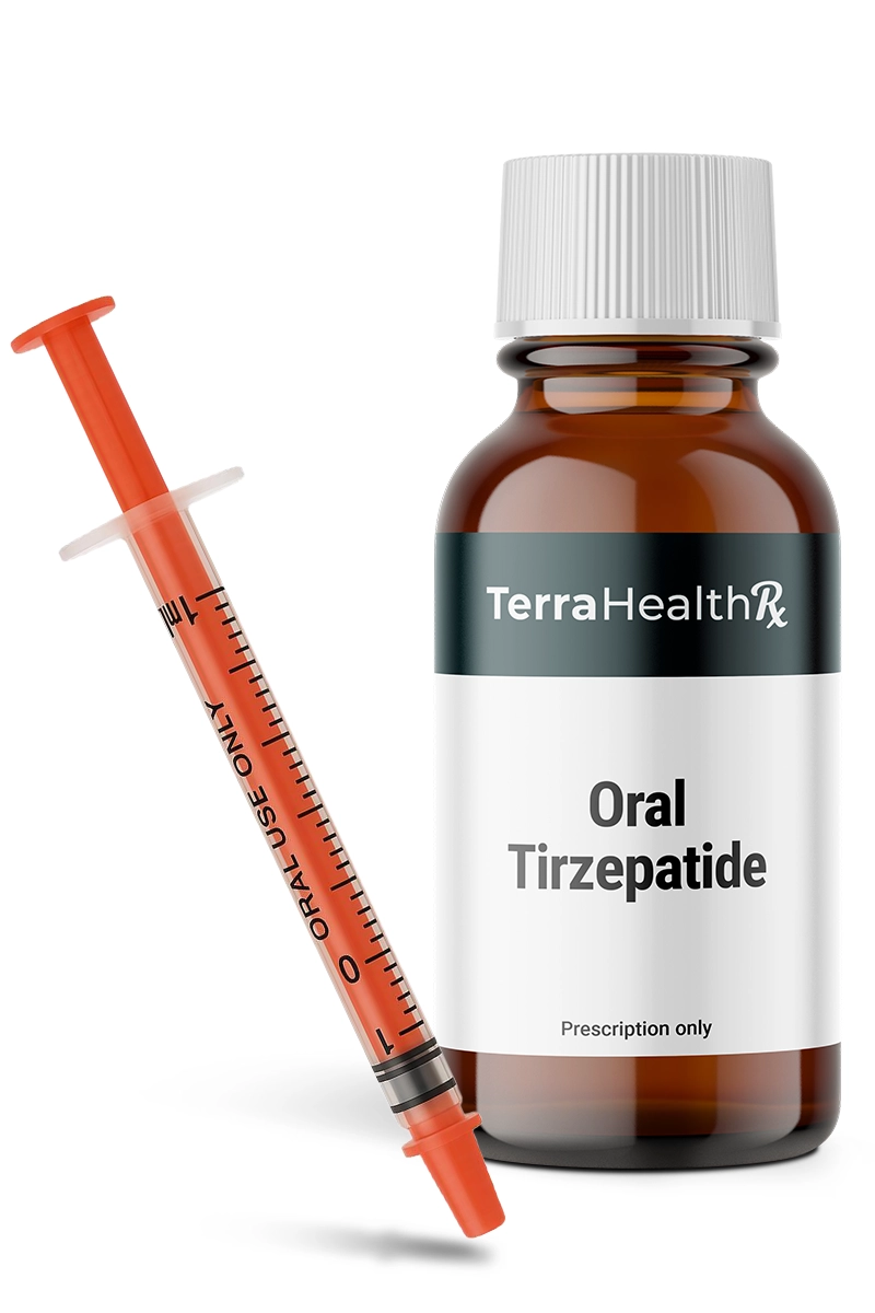 Brown bottle labeled 'Oral Tirzepatide' with an orange oral syringe.