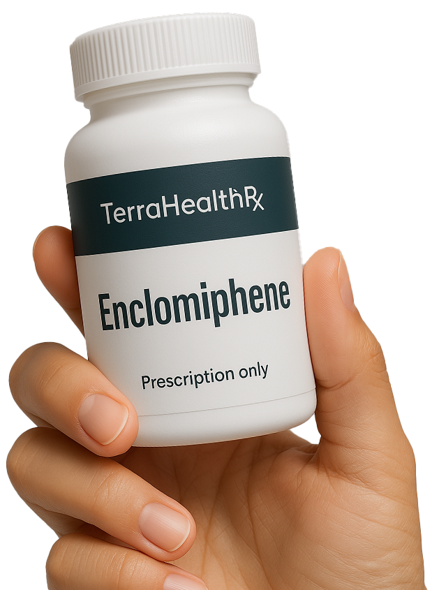 Hand holding a bottle labeled 'Enclomiphene' from TerraHealthRx.