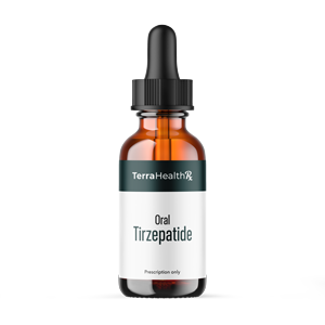 Brown glass dropper bottle labeled 'Oral Tirzepatide' with black cap.