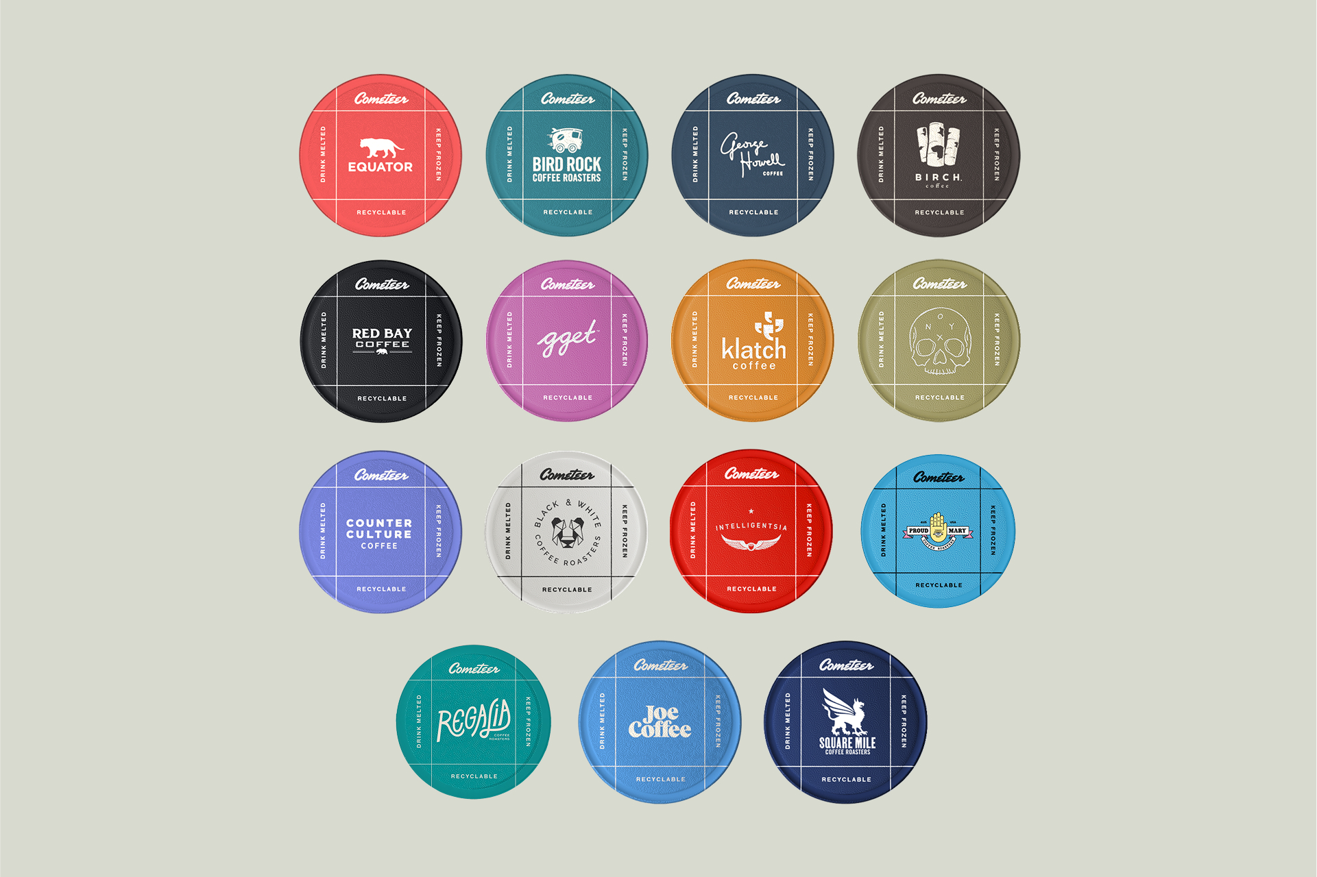 Sixteen colorful coffee pod lids with various brand logos and names.