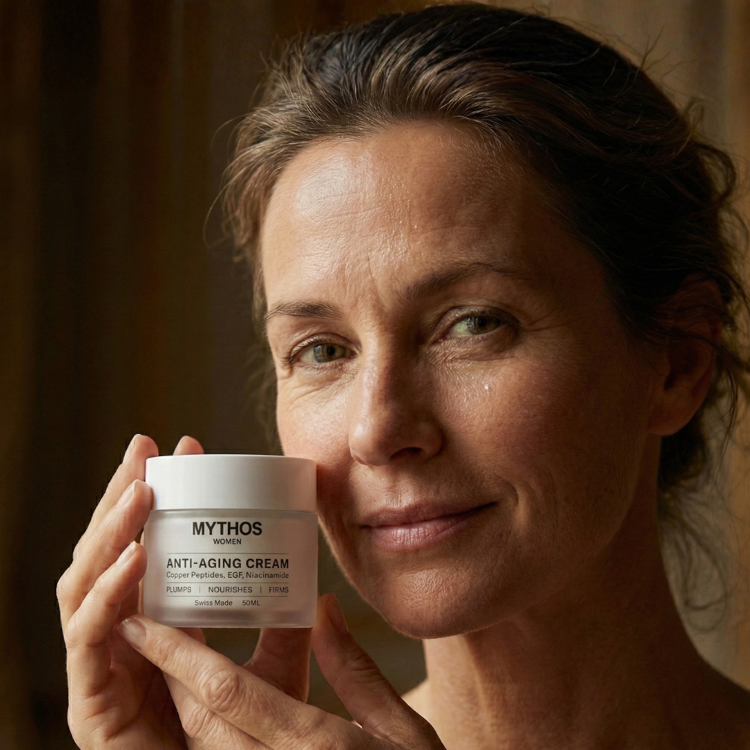 Person holding a jar of anti-aging cream close to their face.