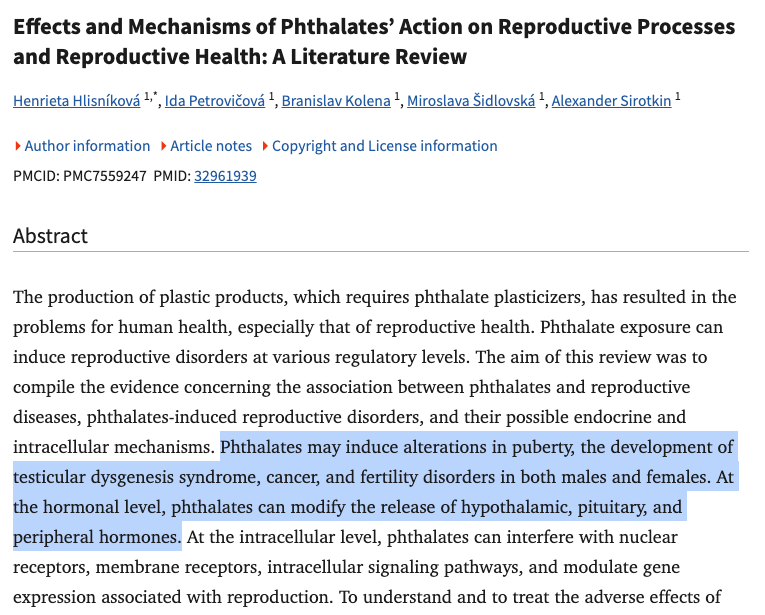 Highlighted text in a scientific article about phthalates and reproductive health.