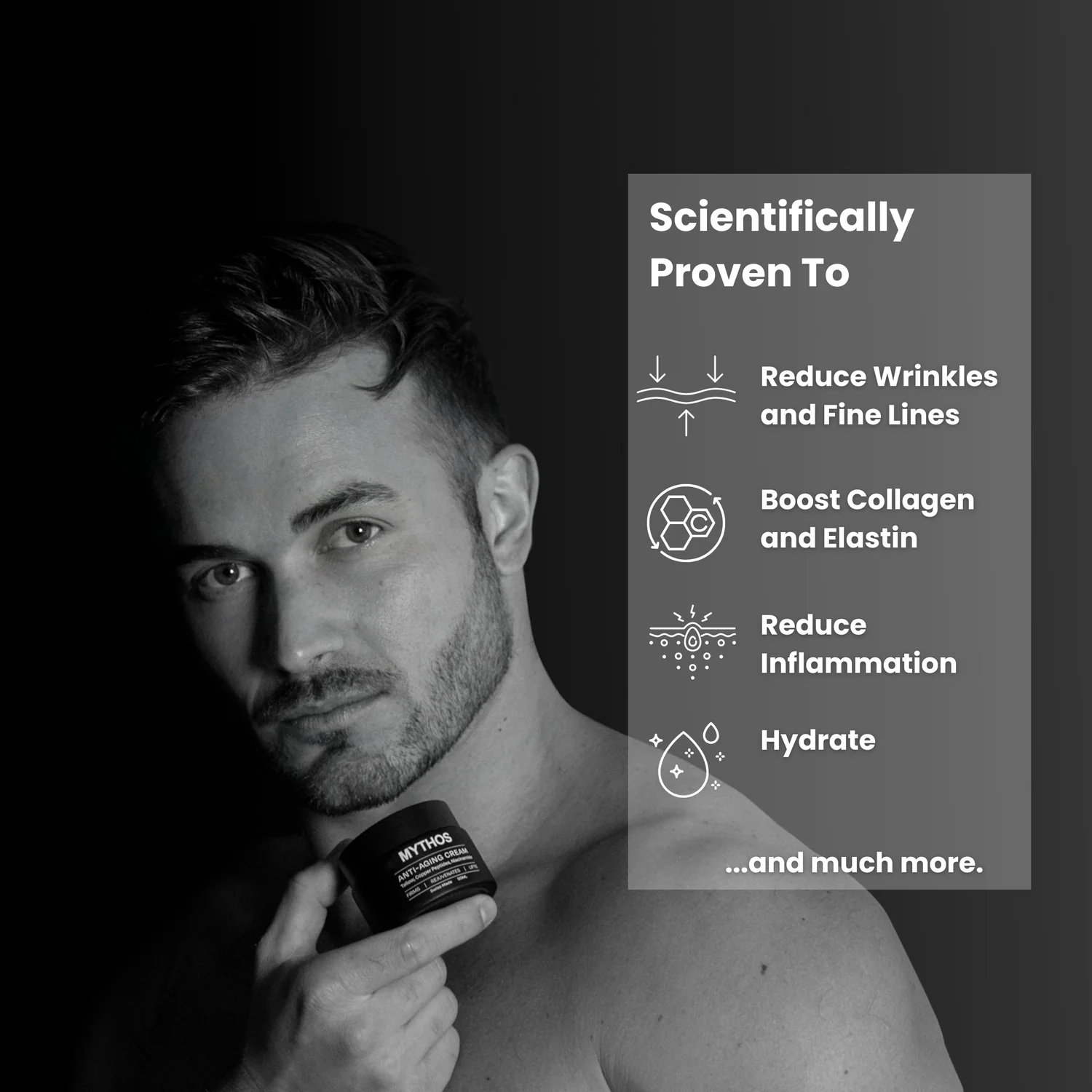Man holding skincare product with benefits listed: reduce wrinkles, boost collagen, reduce inflammation, hydrate.