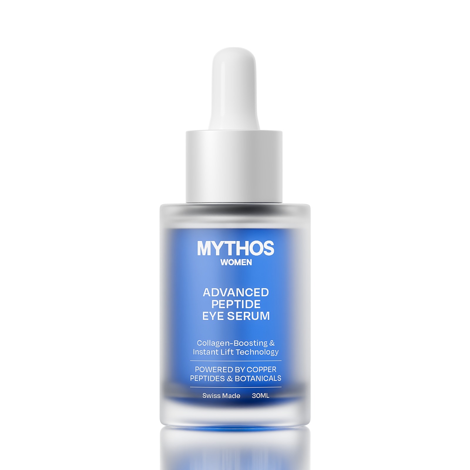 Bottle of Mythos Women's Advanced Peptide Eye Serum with dropper cap.