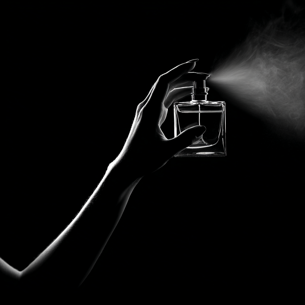 Silhouette of a hand spraying perfume from a bottle against a dark background.