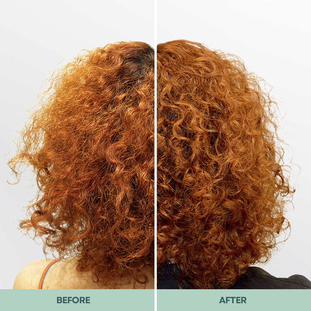 A before-and-after image showing the back of a head with curly red hair, which is less frizzy after.